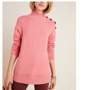 Anthropologie Margarita Sweater Tunic Turtleneck Mock Buttons Pink Sz M